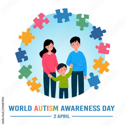 Poster for World awareness Autism Spectrum Disorder day with happy family with child, 2 of april. Design template, vector illustration