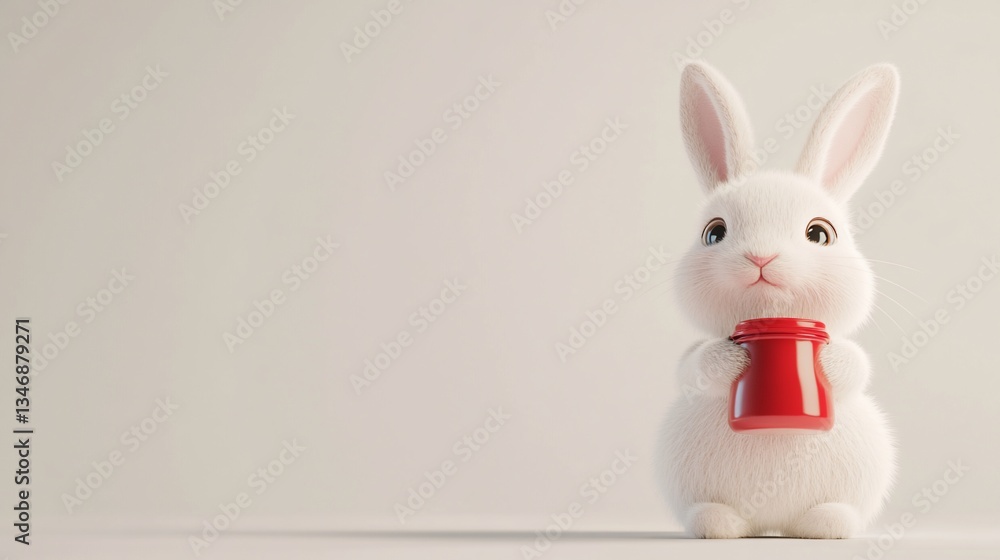 Obraz premium Cute white bunny holding red jar, studio background, Easter