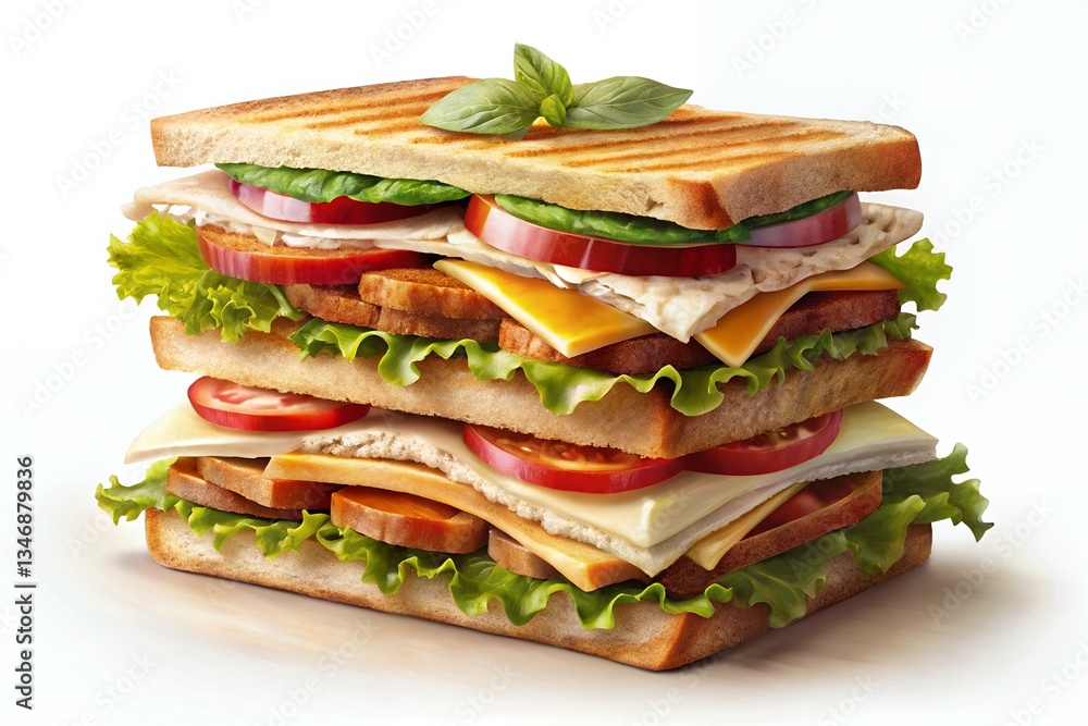 A delectable double-decker sandwich overflowing with juicy tomatoes, crisp lettuce, savory cheese, and tender turkey, a culinary masterpiece captured with vibrant lighting and crisp details. A delectable double-decker sandwich overflowing with juicy tomatoes, crisp lettuce, savory cheese, and tender turkey, a culinary masterpiece captured with vibrant lighting and crisp details.