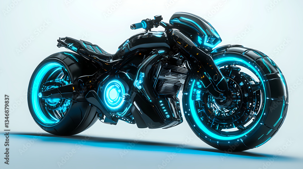Futuristic Motorcycle: A cutting-edge motorcycle design with an futuristic aesthetic. Its sleek, dark body is accentuated by neon blue glowing elements, giving it an otherworldly appearance. Futuristic Motorcycle: A cutting-edge motorcycle design with an futuristic aesthetic. Its sleek, dark body is accentuated by neon blue glowing elements, giving it an otherworldly appearance.