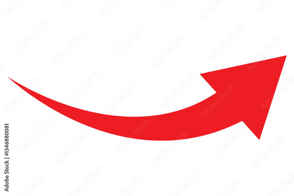 A simple, red, curved arrow pointing to the right and down on a white background. Direction symbol. Arrow symbol for app, UI, web. Vector illustration A simple, red, curved arrow pointing to the right and down on a white background. Direction symbol. Arrow symbol for app, UI, web. Vector illustration