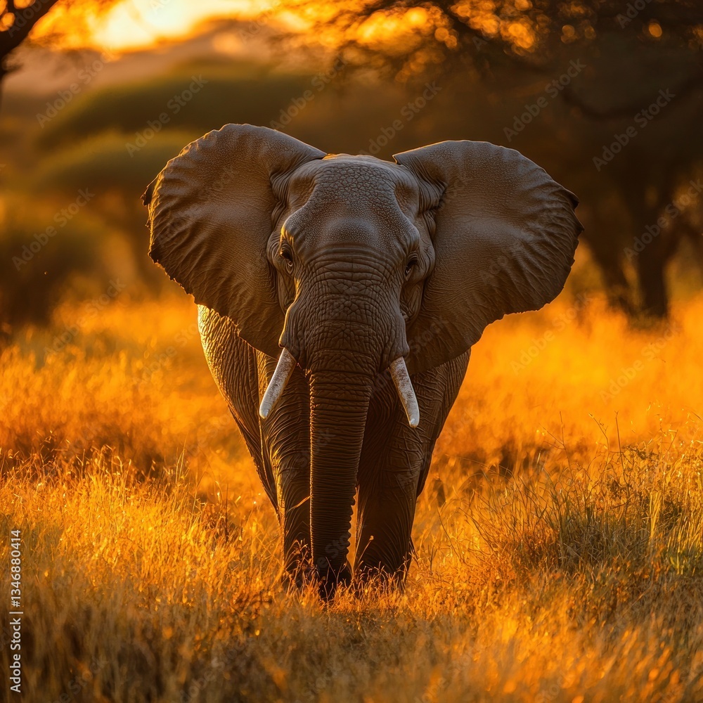 Obraz premium Majestic elephant in golden savanna sunrise