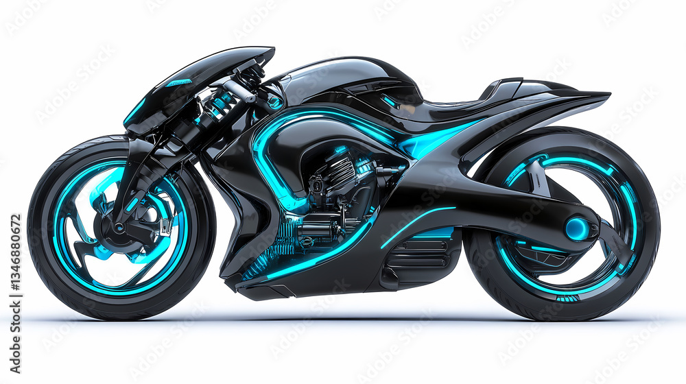 Futuristic Motorcycle: Sleek, black motorcycle with cyan accents, showcasing futuristic design and technology. 