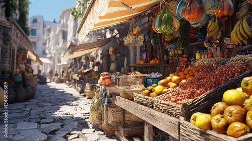 Vibrant marketplace in an ancient Greek city with colorful stalls