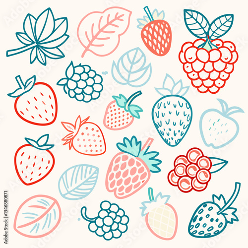 Colorful hand drawn pattern of berries and leaves on a light colored background  