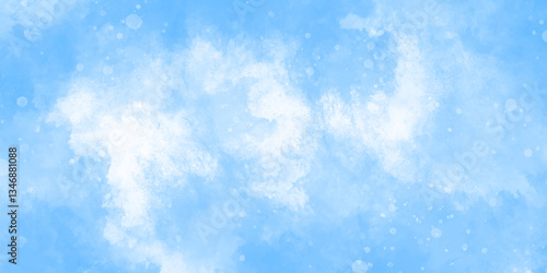 Abstract blue sky with cloud and bokeh. hand painted soft sky-blue watercolor sky and clouds. light sky-blue shades watercolor background. horizon spring morning sky with clouds background.