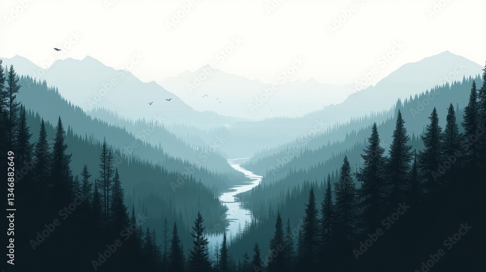 Obraz premium Misty Mountain River Valley Landscape Panorama.