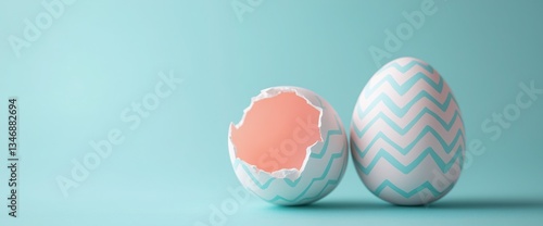 Delicate Blue Zigzag Pattern on White Easter Eggs with Partially Peeled Shell Revealing Orange Interior, Serene Spring Celebration Concept on Soft Pastel Background