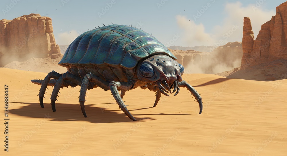 Obraz premium Giant Alien Bug Crawling Across Desert Landscape with Rocky Formations