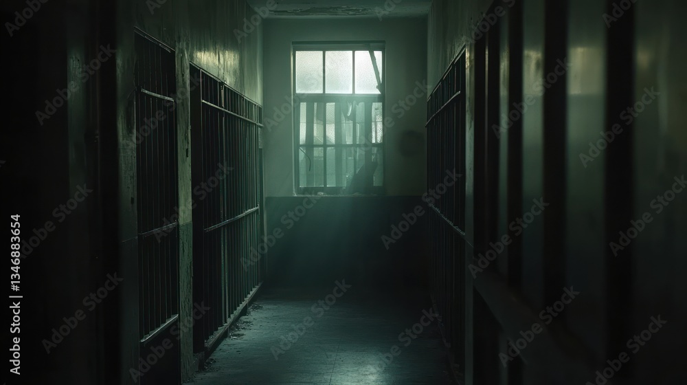Mysterious Dimly Lit Prison Hallway with Bars and Broken Window in an Abandoned Jail Dark and Sinister Interior Mysterious Dimly Lit Prison Hallway with Bars and Broken Window in an Abandoned Jail Dark and Sinister Interior