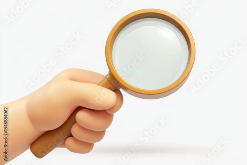 3D cartoon hand holding magnifying glass for research.