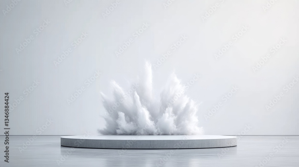 Abstract white powder explosion on a circular platform
