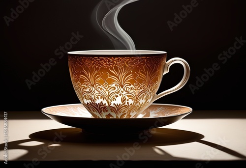 Ornately decorated tea cup with steamy aromatic tea