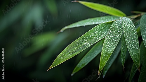 Fresh green bamboo leaves glistening with raindrops