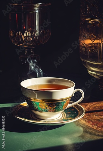Luxurious cup of tea with intricate green and gold design
