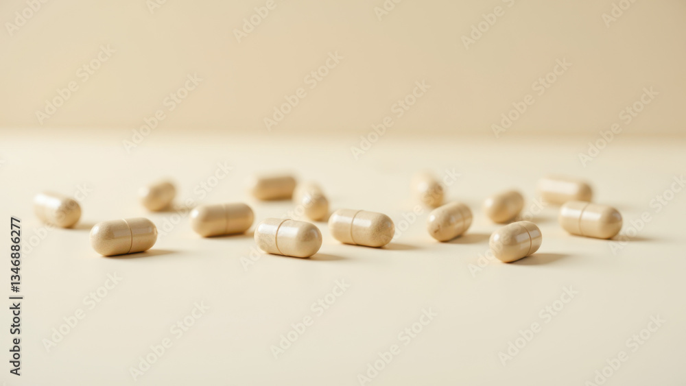Magnesium Glycinate capsules on a table. Magnesium Glycinate capsules on a table.