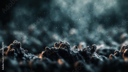 Dark Textured Landscape Featu Ashy Formations and Irregular Terrain Evoking a Volcanic Environment with Fine Dust in a Close-Up View of Nature