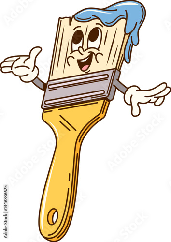 Groovy paint brush character for construction and DIY tool, vector cartoon paintbrush. Groovy paint brush with happy smile on funny face and paint hair for DIY construction tool cartoon character