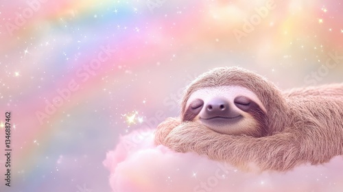 Adorable Sloth Sleeping on a Pastel Cloud Dreamland Magical Rainbow Background