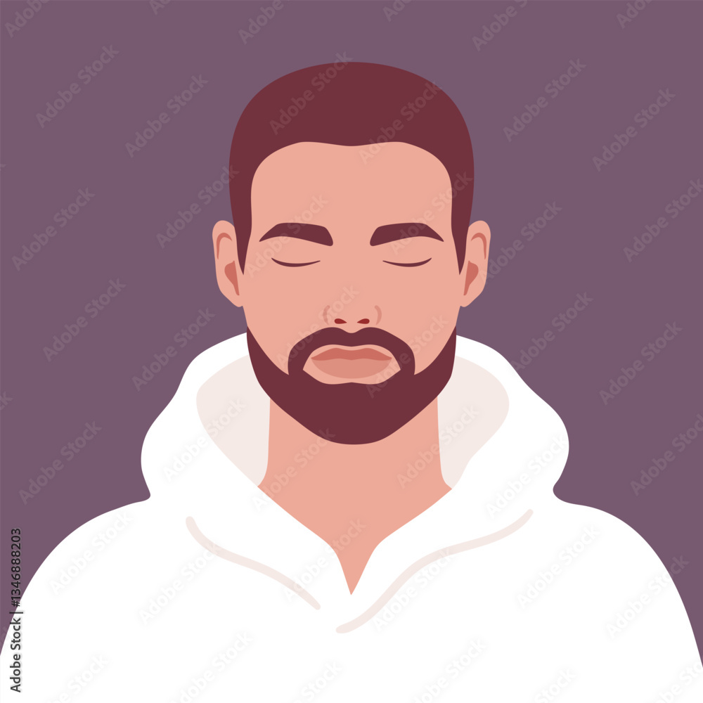 Young bearded man in a hoodie with closed eyes. Portrait or an avatar of a male. Vector illustration Young bearded man in a hoodie with closed eyes. Portrait or an avatar of a male. Vector illustration