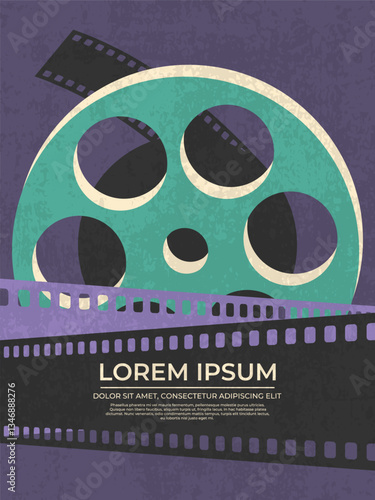 Vintage film festival poster with film reel and crossed film strips. Movie poster in retro style. Vector illustration