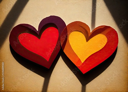 Two Layered Paper Hearts on Beige Background