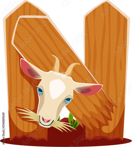 Cartoon farm or font type of funny goat animal, vector English alphabet typeface. Farm font letter N in shape of funny goat with grass in garden fence for agriculture and cattle farm alphabet ABC