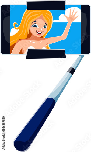 Summer travel font typeface or type of number 7 as selfie stick with phone, cartoon vector. Summer travel and holiday vacations font or typeface, number seven in shape of smartphone with selfie photo