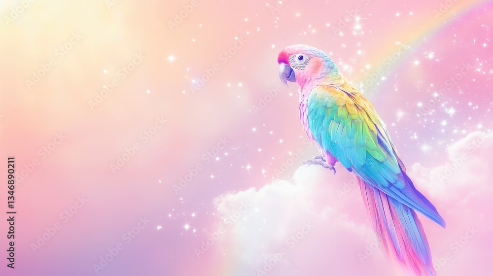 Obraz premium Magical Rainbow Parrot on Pastel Clouds Dreamy Fantasy Bird Illustration
