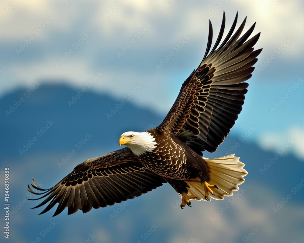 Naklejka premium A majestic bald eagle soars gracefully against a backdrop of mountains, showcasing its impressive wingspan and striking plumage.