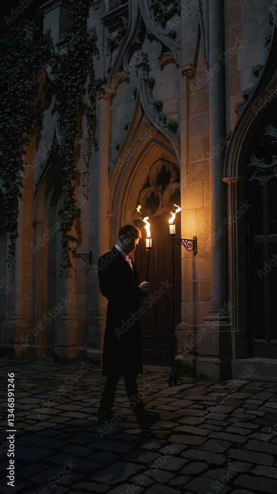 A Mysterious Young Man in a Dark Coat with a Walking Stick Wanders Through an Old, Ivy-Covered Cobblestone Courtyard by Torchlight at Night A Mysterious Young Man in a Dark Coat with a Walking Stick Wanders Through an Old, Ivy-Covered Cobblestone Courtyard by Torchlight at Night