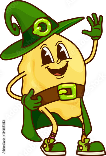 Groovy pasta wizard for Halloween holiday cartoon character, vector funny comic food. Halloween holiday pasta character of conchiglie or gnocchi with funky face in witch hat and magician mantle cape