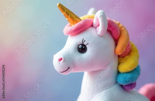 unicorn toy with rainbow mane on pastel background. pride month