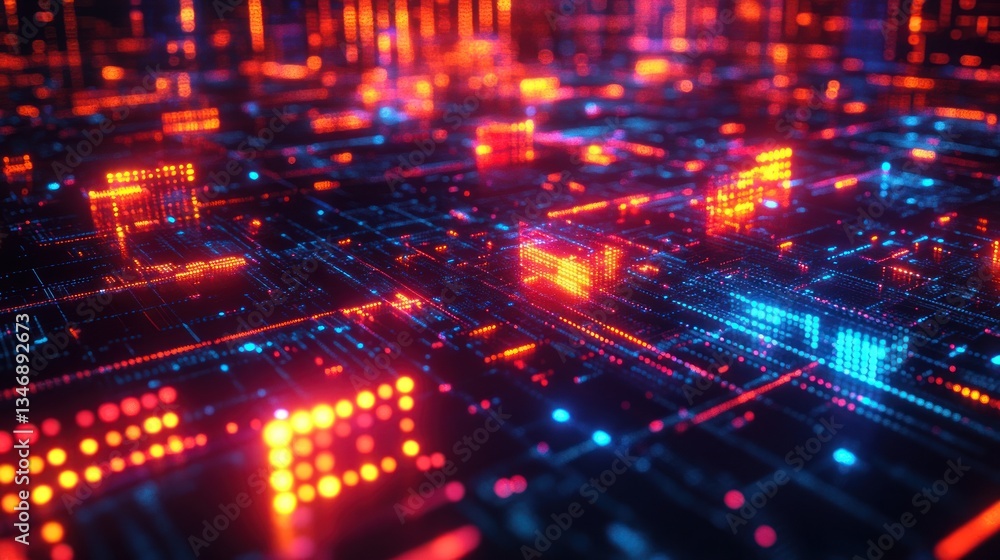 Obraz premium Abstract circuit board network; glowing neon city lights