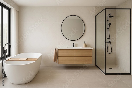 Widescreen image of a modern bathroom interior. It features a stylish freestanding bathtub, a wall-hung vanity with a round mirror and a glass shower enclosure