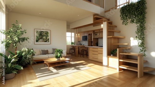 Stunning photorealistic rende of chic open-plan studio apartment with minimalist design featu light wood floors and ample natural light atmosphere