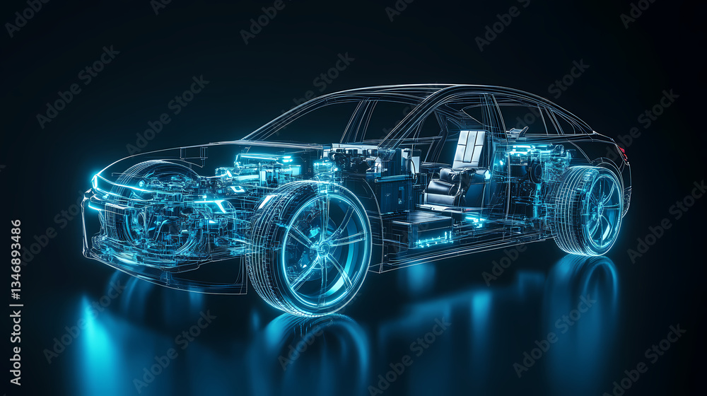 Naklejka premium Electric Car Blueprint: A futuristic vision showcases the intricate inner workings of an electric vehicle, rendered in glowing blue lines against a dark background.
