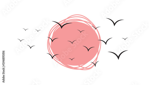 Birds group flying against the sun or moon. birds group flying sunset time. bird flock silhouette design. vector illustration