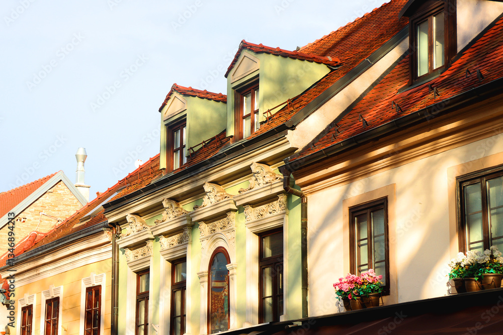 Colorful historic buildings in central Zagreb, Croatia.