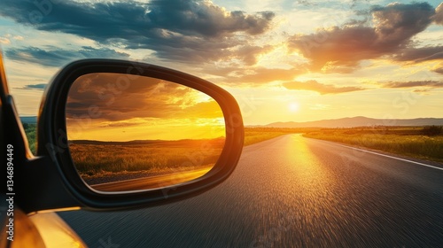 A scenic sunset filling the side mirror with warm colors, adding a touch of beauty to an evening drive.