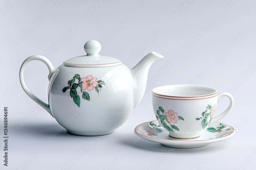 Elegant White Porcelain Tea Set with Floral Design on Grey Background for Stylish Display Elegant White Porcelain Tea Set with Floral Design on Grey Background for Stylish Display