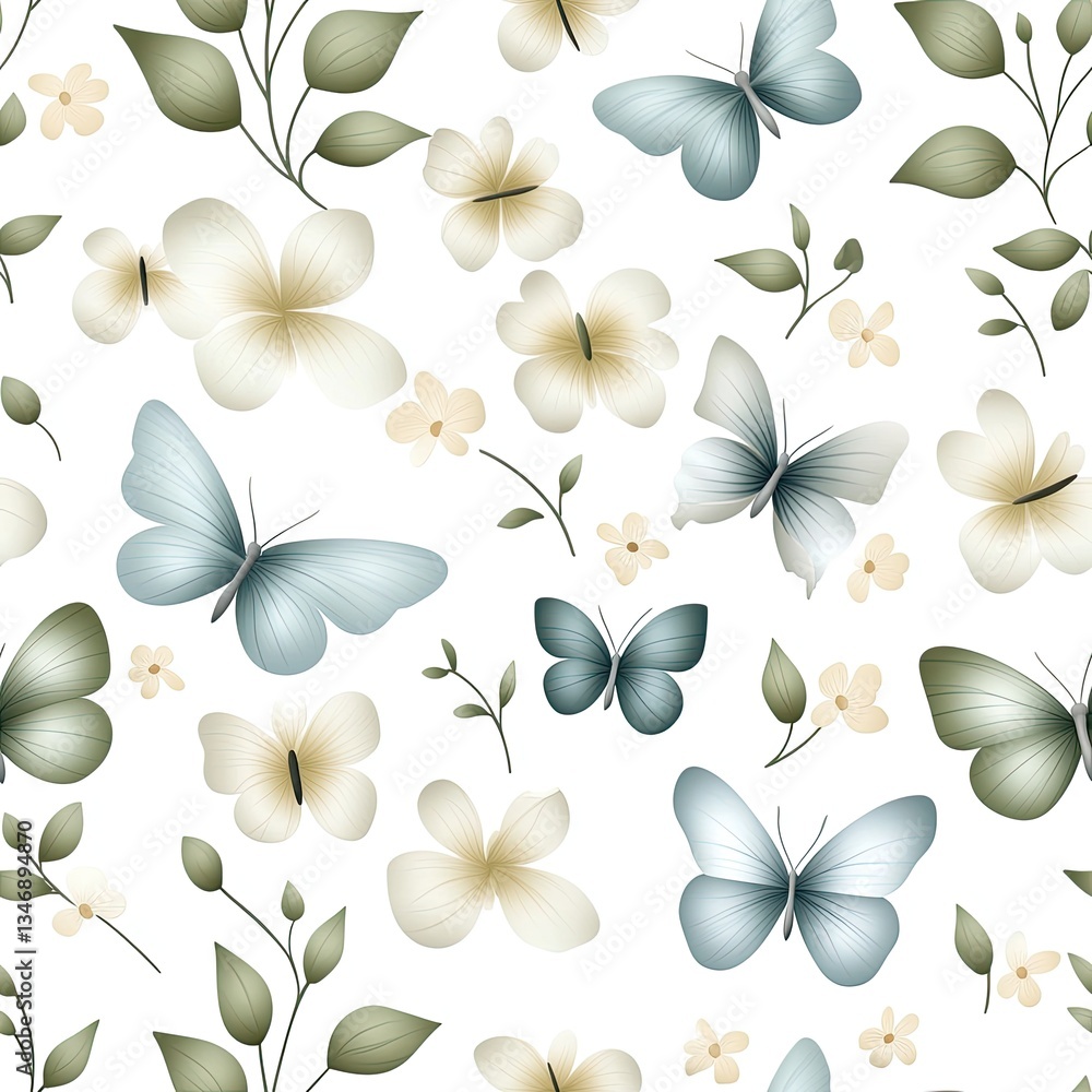 Soft pastel colors blend butterflies and flowers on a white background, evoking a tranquil spring ambiance with vintage charm SEAMLESS PATTERN Soft pastel colors blend butterflies and flowers on a white background, evoking a tranquil spring ambiance with vintage charm SEAMLESS PATTERN