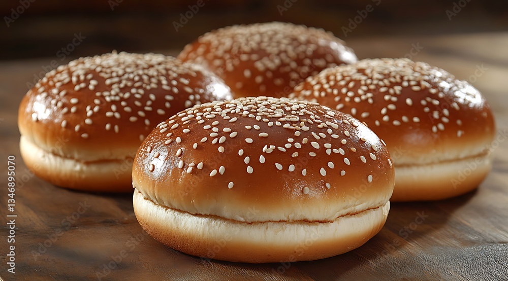 Freshly baked sesame seed buns arranged on a wooden surface ready for use Freshly baked sesame seed buns arranged on a wooden surface ready for use