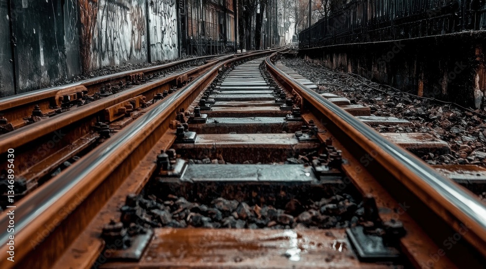Railway Track Perspective: Detailed View of Steel Rails and Wooden Sleepers Curving into the Distance Railway Track Perspective: Detailed View of Steel Rails and Wooden Sleepers Curving into the Distance