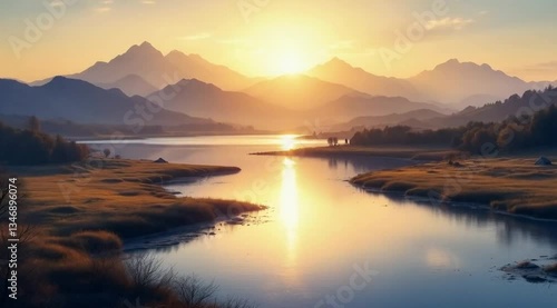 Wallpaper Mural Sunrise Over Calm Lake Reflecting Mountains in Golden Hour Light Torontodigital.ca