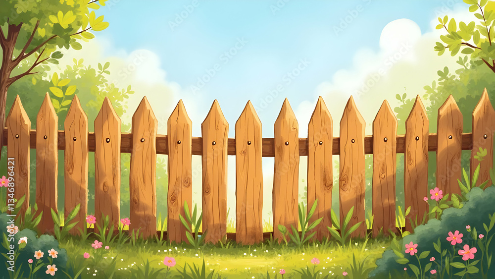 Fototapeta premium Children's Storybook Illustration Style Wooden Fence with Whimsical Proportions