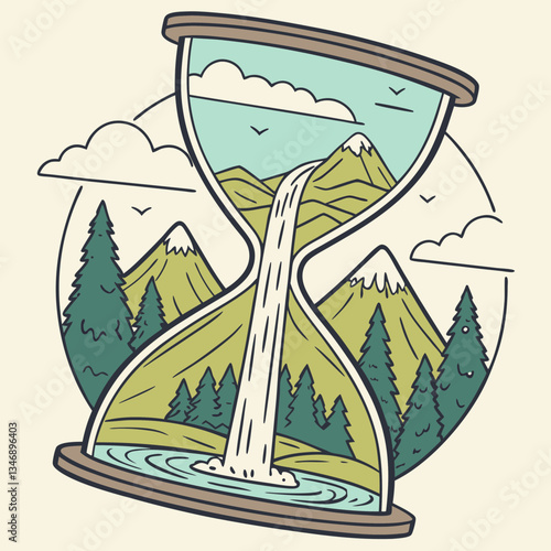 Mountain Range with Waterfall Flowing into an Hourglass  Surreal Nature Art Vector Design