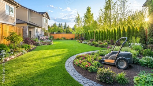 A well-maintained backyard with a neatly trimmed lawn and a lawn mower resting in the corner.