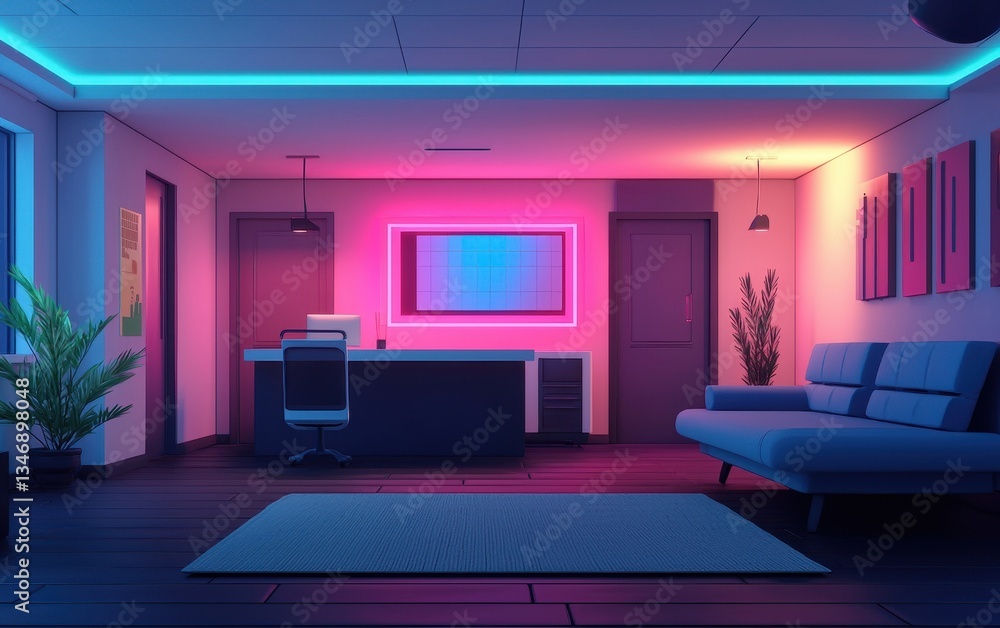 A modern room featuring vibrant neon lighting, sleek furniture, and a minimalist design, creating a stylish and inviting atmosphere. A modern room featuring vibrant neon lighting, sleek furniture, and a minimalist design, creating a stylish and inviting atmosphere.