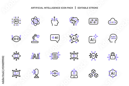 Two Color Artificial Intelligence Outline Stroke Icon Set Tech App Semiconductor Machine Learning Automation Assistant Data Analysis AI Generate Assistant Innovation and Digital Transformation Project